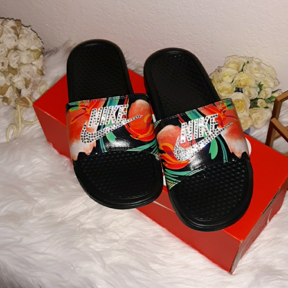 NWT Floral Nike benassi Slides custom bling - Picture 1 of 5